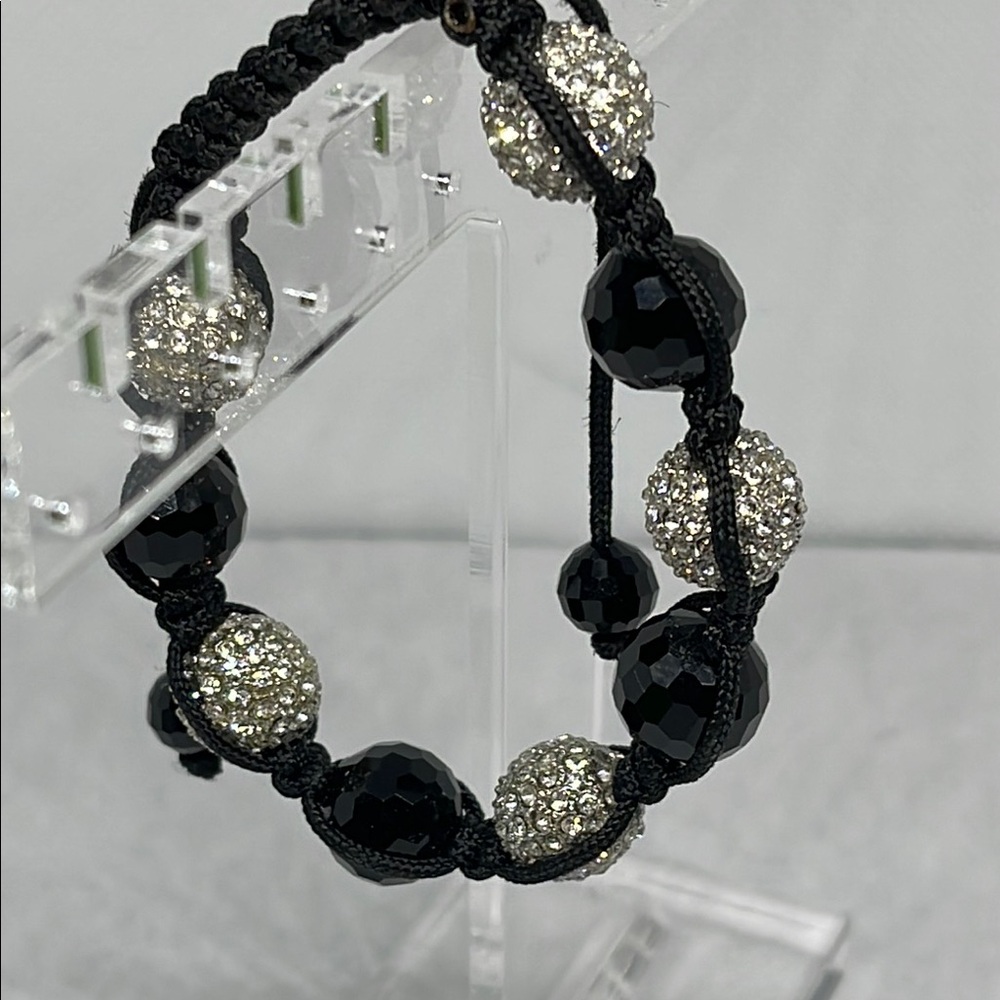 Adjustable Black glass and Silver tone pace rhinestone Beaded Bracelet